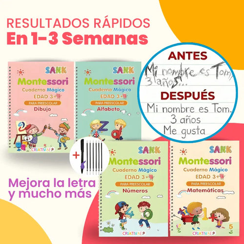 Kit de 4 Cuadernos Mágicos Reutilizables de Caligrafía para Niños con Alfabeto, Números, Matemáticas y Dibujo | MiniMundo