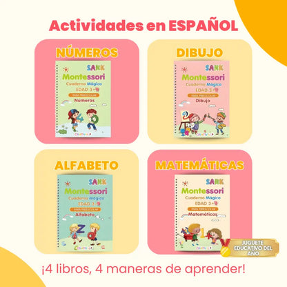 Kit de 4 Cuadernos Mágicos Reutilizables de Caligrafía para Niños con Alfabeto, Números, Matemáticas y Dibujo | MiniMundo