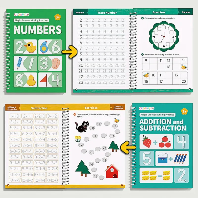 Kit de 6 Cuadernos Mágicos Reutilizables de Caligrafía y Escritura para Niños con Alfabeto Números Vocabulario Matemáticas y Dibujo | MiniMundo