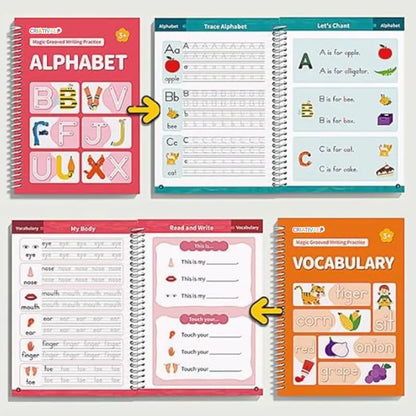 Kit de 6 Cuadernos Mágicos Reutilizables de Caligrafía y Escritura para Niños con Alfabeto Números Vocabulario Matemáticas y Dibujo | MiniMundo