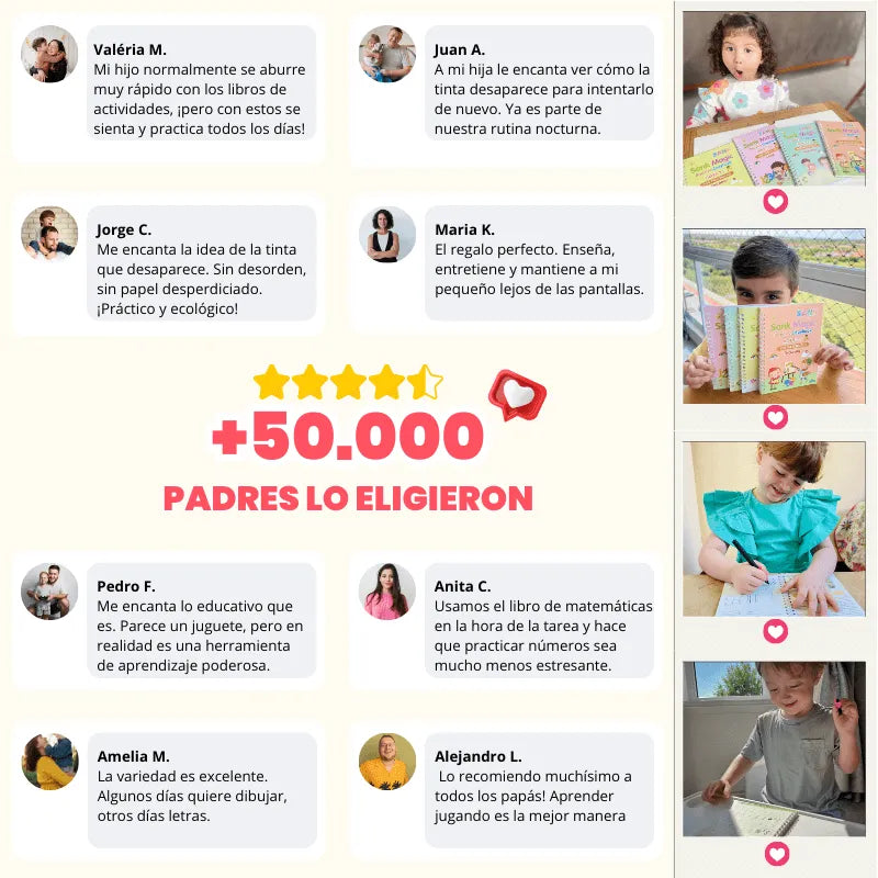 Kit de 4 Cuadernos Mágicos Reutilizables de Caligrafía para Niños con Alfabeto, Números, Matemáticas y Dibujo | MiniMundo