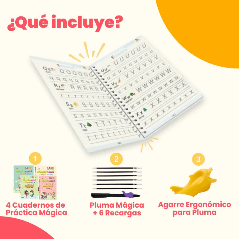 Kit de 4 Cuadernos Mágicos Reutilizables de Caligrafía para Niños con Alfabeto, Números, Matemáticas y Dibujo | MiniMundo