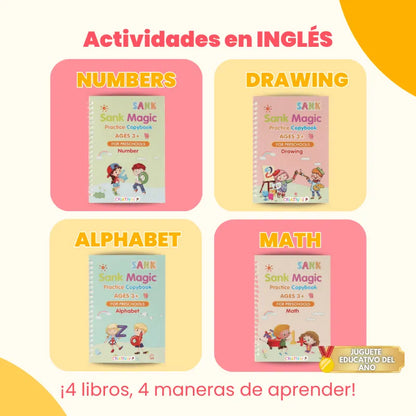 Kit de 4 Cuadernos Mágicos Reutilizables de Caligrafía para Niños con Alfabeto, Números, Matemáticas y Dibujo | MiniMundo