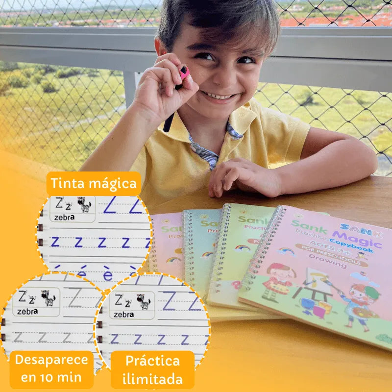Kit de 4 Cuadernos Mágicos Reutilizables de Caligrafía para Niños con Alfabeto, Números, Matemáticas y Dibujo | MiniMundo