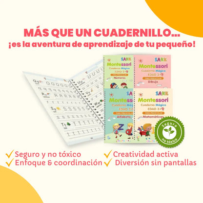 Kit de 4 Cuadernos Mágicos Reutilizables de Caligrafía para Niños con Alfabeto, Números, Matemáticas y Dibujo | MiniMundo